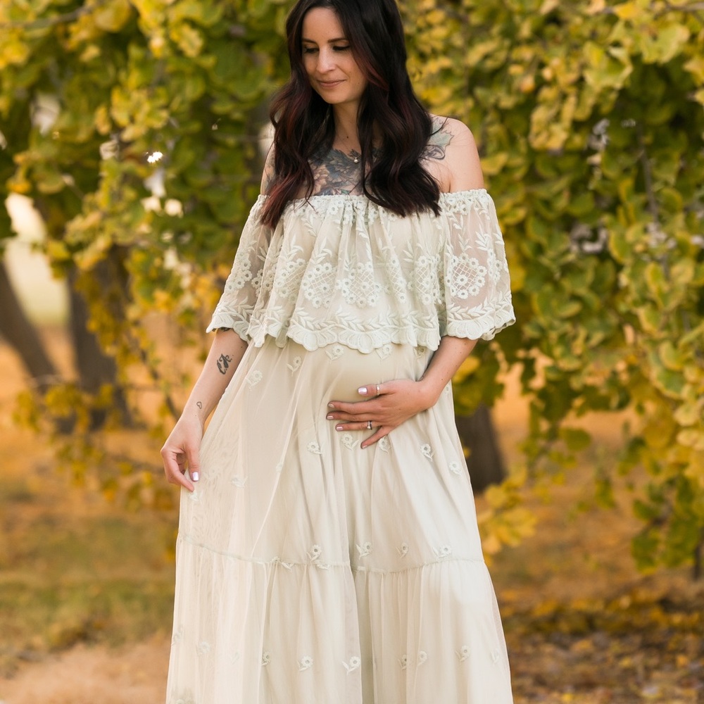 PinkBlush maternity light green lace off shoulder maxi dress, size small
